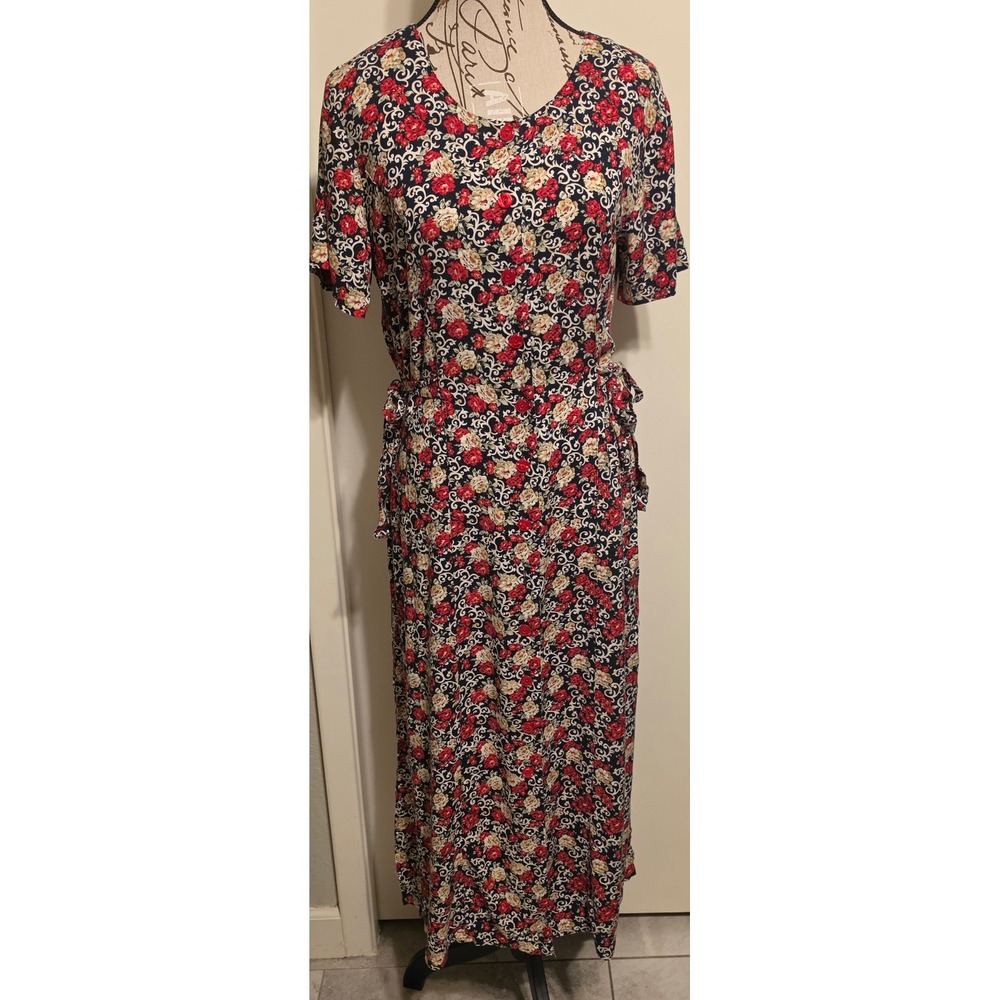 Fashion Bug Vintage 90s Floral Maxi Dress Black Red Cream Rayon Button Front 10